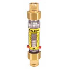 This HEDLAND flowmeter is a scale-type, variable area inline meter designed for water flow measurement in gallons. It offers +/-5% accuracy and features Buna-N seals and O-rings. With universal mounting orientation, it is suitable for monitoring flow in water systems, cooling circuits, and process lines.