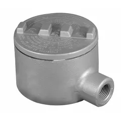 Iron conduit outlet body with 90° elbow configuration, E body style, and 1/2 in trade size. Features triple-coat epoxy finish, flat back, threaded female hubs, and includes grounding screw and cover. UL 886 listed for use with threaded IMC in hazardous locations. Provides pull point or junction in conduit runs.
