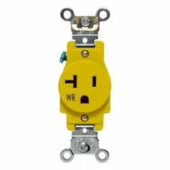 Single straight blade receptacle with isolated ground for reducing electrical noise. Rated 125V AC, 20A, 5-20 type, 2-pole/3-wire, yellow. Suitable for commercial and industrial applications requiring clean power for sensitive electronics.