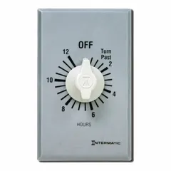 Spring-wound mechanical timer with 12-hour maximum timing range. SPDT switch rated for 277V AC. Includes silver wall plate. No hold feature. Used for automatic on/off control of lighting, fans, and other electrical loads in commercial and industrial applications.