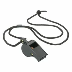 Plastic whistle in black with a pea for sound generation. Includes a 31-inch lanyard for portability. Suitable for signaling or safety applications where a compact, audible alert is needed.
