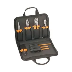 This 8-piece insulated tool set includes Lineman's Pliers, a Wire Stripper, and a Phillips Screwdriver, all housed in a tool case. Designed for electrical work, the tools feature insulated handles for protection when working on live circuits.
