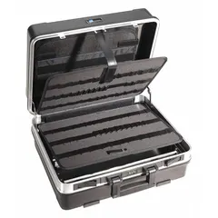 This black plastic tool case features a hinged lid with a combination lock for secure storage. With interior dimensions of 17 5/16 inches wide, 8 1/2 inches deep, and 20 5/16 inches high, it is suitable for carrying and organizing hand tools, power tools, and small parts on job sites or in workshops.