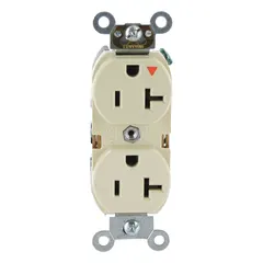 This duplex general-purpose receptacle is rated 125V AC and 20A with a NEMA 5-20 configuration and 2-pole/3-wire grounding. The ivory finish suits commercial and industrial environments for powering equipment, tools, and appliances requiring a 20-amp, 125-volt outlet.
