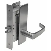 This privacy lever lockset is designed for interior doors requiring locking from one side, such as bathrooms or bedrooms. It features a satin chromium-plated steel finish, an NSM lever style, and is ADA compliant. The lockset has an ANSI F19 function and is not ligature-resistant, with no visual indicator message
