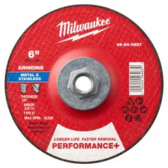 This MILWAUKEE grinding wheel is a Type 27 wheel with dimensions 6" x 1/4" x 5/8"-11, using Zirconia Alumina abrasive with 24 grit. Designed for aggressive material removal and finishing on carbon and stainless steel. Suitable for use with angle grinders in metal fabrication and maintenance applications.
