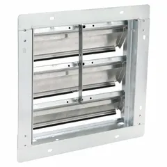 This wall-mount backdraft damper features a single panel with flat blades, designed for horizontal airflow and vertical mounting. It measures 15 inches in height, 15 inches in width, and 2.5 inches in depth, with a maximum air velocity of 2500 fpm. Suitable for use in ventilation systems to prevent reverse airflow when the fan is off.