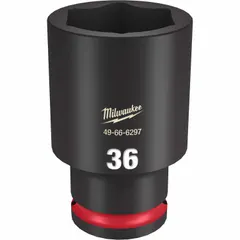 This 1/2" drive impact socket is designed for use with impact tools. It features a 36 mm metric, 6-point, deep profile for accessing recessed fasteners, and a friction retention mechanism to secure the socket on the anvil. The black phosphate finish provides corrosion resistance.