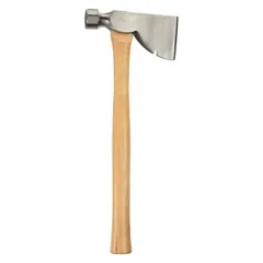 This hammer hatchet combines a steel blade with a clear coating and a wood handle. The 1.8 lb head can be used for driving nails, while the 3 1/4 in cutting edge is suited for chopping and splitting wood. Typical applications include framing, roofing, and demolition tasks.