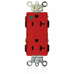 This LEVITON receptacle is a hospital grade decorator duplex outlet with a 5-20R configuration. It is rated 125V AC, 20 A, 2 pole / 3 wire, and features a red finish. Suitable for use in healthcare facilities, laboratories, and other environments requiring robust power connections.
