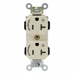 General-purpose duplex receptacle rated 20 A at 125 V AC. 5-20 configuration, 2-pole/3-wire design with light almond finish. Suitable for powering equipment in residential and commercial outlets requiring 20 A circuits.