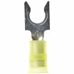 Nylon insulated locking fork terminal for 12 AWG to 10 AWG wire, with 1/4 in stud size and 600 V rating. Features Insulation Grip barrel style. Used for terminating wires in electrical panels, motor controls, and industrial machinery.