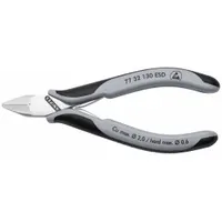 Semiflush-cut pliers with straight, narrow jaws for precision trimming of component leads and fine wires. ESD-safe construction protects sensitive electronics during assembly and rework. Overall length 5 1/4 in