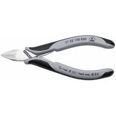 Semiflush-cut pliers with straight, narrow jaws for precision trimming of component leads and fine wires. ESD-safe construction protects sensitive electronics during assembly and rework. Overall length 5 1/4 in.