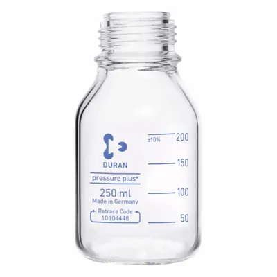 DURAN Narrow Mouth Round Glass Bottles - Safety Coated: 250 mL, 45 mm, Colorless - Clear Wide Mouth Round Glass Lab Bottles