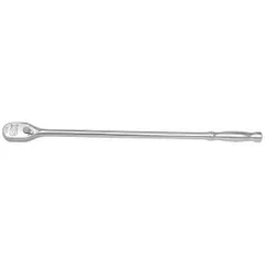 This standard-head ratchet features a reversible pear head design with a 4° minimum arc swing, enabling use in confined spaces. The 12-inch overall length provides leverage for tightening and loosening fasteners in automotive, industrial, and mechanical applications. Chrome finish resists corrosion.