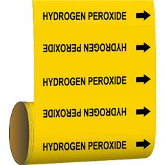 Yellow adhesive pipe markers with black legend reading 'Hydrogen Peroxide' and directional arrows. Each roll contains 30 markers for pipes with outer diameter of 2 inches and smaller. Used to identify pipes carrying hydrogen peroxide in industrial facilities, aiding compliance with safety labeling standards.