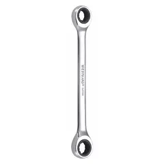 This double-end ratcheting box end wrench features 10 mm and 11 mm head sizes with a 12-point design for use on metric fasteners. The chrome finish resists corrosion, and the alloy steel construction provides strength for general industrial fastening tasks. Overall length is 5 7/8 inches.