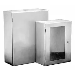 This 304 stainless steel enclosure measures 36 x 24 x 12 inches and features a solid hinged cover secured with a 1/4-turn latch. Rated NEMA 12/3R/4/4X, it provides protection against dust, water, and corrosion for indoor or outdoor electrical and electronic equipment. No knockouts are included.