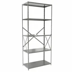 This medium-duty standalone open metal shelving unit from HALLOWELL is constructed with a steel frame and steel shelves. It measures 36 inches wide by 18 inches deep with an overall height of 84 inches and includes five shelves. The unit is finished in gray and is supplied unassembled. Typical applications include storage of tools, parts, boxes, and supplies in warehouses, factories, and commercial facilities.