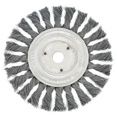 This heavy-cleaning brush is designed for contoured carbon steel surfaces. It features a 6-inch diameter, 1/2-inch width, and a 5/8-inch to 1/2-inch arbor, with a 0.014-inch fill. Suitable for removing rust, scale, and weld splatter from irregular shapes in metal fabrication and maintenance.