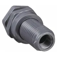 PVC through-wall fitting with 1/2 in female socket and 1/2 in flange diameter. Includes FKM gasket for sealing. Used for leak-proof connections through tank walls in fluid handling systems