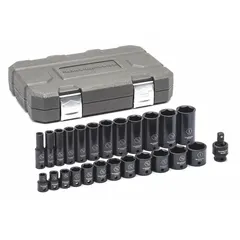 SAE impact socket set with 3/8 in drive and socket size range from 5/16 in to 1 in. Features a manganese phosphate finish and friction ball retainer. Suitable for fastening and loosening nuts and bolts in automotive repair, heavy equipment maintenance, and industrial assembly.