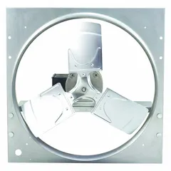 This direct-drive panel exhaust fan is designed for general ventilation in industrial and commercial facilities. It features a 20-inch blade, 1/3 hp motor delivering 4240 cfm, and a galvanized steel frame with stamped construction. The totally enclosed air-over motor has Class B insulation and operates on 115/230V AC single-phase power. This assembled unit is supplied without intake guards.