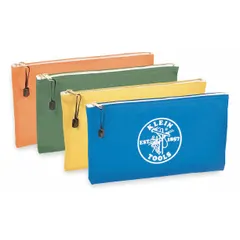 Set of four canvas flat zippered tool bags in Blue, Olive, Orange, and Yellow. Each bag measures 12 1/2 inches wide by 3/4 inch deep by 7 inches high. Designed for organizing and carrying tools in professional settings.