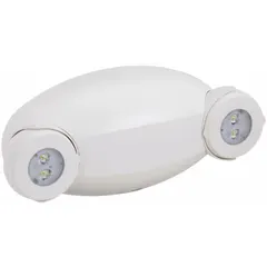 Surface-mount LED emergency light for ceiling installation in damp locations such as covered entrances or parking garages. Features adjustable lamp heads for directional illumination during power outages. Operates on 120 to 277V AC input, with 6.6 W lamp wattage and 11 W emergency wattage. White plastic housing with linear pattern. Complies with California Energy Commission Title 20 Section 1605.3.