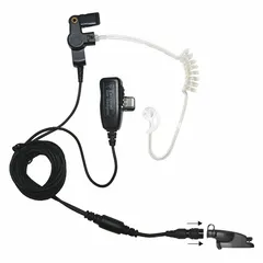 This surveillance kit includes a clear earbud with push-to-talk functionality and a 2-wire design. It features a Multi Pin connector for use with compatible two-way radios. Suitable for discreet communication in security and monitoring applications.