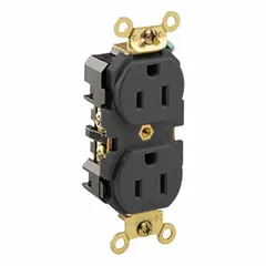 General purpose duplex receptacle rated 125V AC, 15 A, NEMA 5-15 configuration, 2-pole/3-wire grounding. Black finish. Suitable for standard power connections in walls, workbenches, and equipment panels.