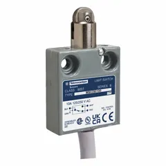 This top-mount limit switch features a cross roller plunger actuator and a steel housing. It is pre-wired with a cable connection. Typical applications include position sensing and presence detection in industrial automation, such as on machinery and conveyors.