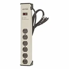 Desktop surge protector with six outlets, 6 ft power cord, 720 J energy rating, and 20 A current capacity. Complies with UL 1449. Suitable for protecting office and home electronics from power surges.