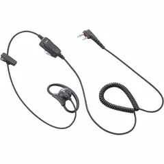 Wired earpiece with shirt/lapel microphone for ICOM F200 series radios. Features a single wire, D-ring design, and 2-pin Slim L type plug (3.5 mm) connector. No push-to-talk function. Suitable for hands-free communication in security, hospitality, and industrial settings.