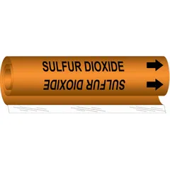 Orange wrap-around pipe marker with black legend reading 'Sulfuric Acid' and directional arrows. Fits pipe outer diameters from 1-1/2 to 2-3/8 inches. Used to identify pipes carrying sulfuric acid in industrial settings, aiding in hazard recognition and safety compliance.
