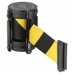 Replacement belt cassette for retractable barrier systems. Features a black/yellow diagonal stripe pattern for high-visibility warning. Includes receiver and tape end piece. Overall height 4 in, belt length 7 1/2 ft. Used to cordon off hazards, guide pedestrian traffic, or mark restricted zones.