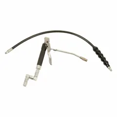 Manual dispense gun for NLGI Grade 2 lubricants. Pressure-activated operation with 1/4 in NPT spout connection. Curved design. No meter included and no nozzle extension. Wetted materials include alloy steel, brass, carbon steel, chrome vanadium, and polyurethane.
