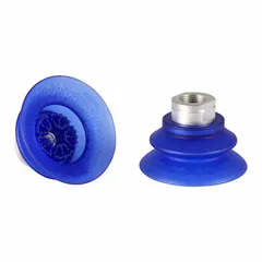 Bellows-type vacuum pad assembly with 1.5 folds, G3/8 in connection, and 66 mm pad diameter. Made from Elastodur ED in blue with 85 A shore hardness. Suitable for handling sheet metal, glass, and plastic parts in automated pick-and-place operations, compensating for height differences and angled surfaces.