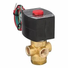 This 3-way/2-position solenoid valve is normally closed and configured for quick exhaust service. It has a 1/4 in pipe size, operates on 110V AC, and features a watertight coil enclosure. Typical applications include pneumatic systems requiring rapid venting of pressure from actuators or cylinders.