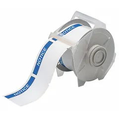 Vinyl label roll with NOTICE header, acrylic adhesive, and dual dimensions of 2 1/4 in x 3 1/4 in and 3 1/4 in x 2 1/4 in. Compatible with GlobalMark printer series. Used for facility signage, equipment labeling, and hazard warnings in industrial environments.