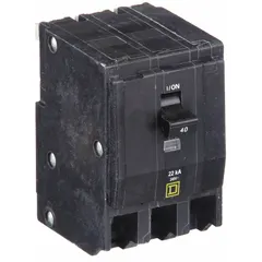 Three-pole miniature circuit breaker rated 40 A at 120/240V AC, three-phase. Plug-in design for use with QO Load Centers and NQ Panelboards. Provides overcurrent protection with a maximum AIR rating of 22kA at 120/240V AC.