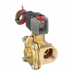 This REDHAT solenoid valve is a 2-way, 2-position normally closed valve with a 1-1/4 in pipe size. It operates on 24 to 120V AC/DC and features a watertight coil enclosure. Suitable for on/off control of liquids or gases in industrial piping systems.