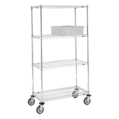 Mobile wire shelving unit for dry storage. Chrome-plated steel construction with four shelves and split-sleeve assembly. Includes two swivel casters with brakes and rubber wheels. Suitable for organizing supplies in commercial kitchens, warehouses, and retail backrooms.