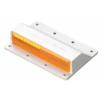 White curb marker with orange one-way reflective lens for concrete surfaces. Installs via adhesive pad. Meets applicable federal and state requirements. Pack of 200. Used for traffic guidance and hazard marking on curbs