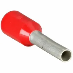 Insulated ferrule for terminating stranded wire into terminal blocks or clamps, preventing fraying and ensuring secure connections. Holds 1 wire up to 18 AWG. Features red polypropylene insulation and 0.07 in ferrule diameter. Commonly used in industrial control panels, automation systems, and electrical installations requiring vibration-resistant terminations.