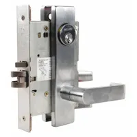 Satin chromium-plated forged brass office lever lockset with L Rhodes lever. F04 function provides locked/unlocked status indication via turn button. Suitable for interior commercial doors where privacy is not required, such as offices, meeting rooms, or corridors. Not ligature-resistant