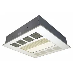 Recessed fan-forced electric ceiling heater for overhead heating in commercial or industrial spaces. Operates on 240V AC, 1 or 3-phase, with selectable wattage outputs of 2500W, 3800W, or 5000W. White housing, overall dimensions 23-3/4 in x 23-3/4 in x 7 in.