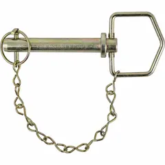 This chain pin is made of carbon steel with a zinc-plated finish. It has a usable length of 4 1/4 inches and includes an attached chain. Used for securing trailer hitches and towed equipment in towing applications.