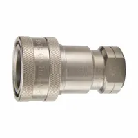 This ISO B Series hydraulic quick-connect coupling plug (nipple) features a 1/2"-14 female NPTF thread and a maximum flow rate of 45.425 lpm. Constructed from 303 stainless steel with a fluorocarbon seal, it is suited for connecting hydraulic lines in industrial fluid power systems requiring a secure, leak-free connection